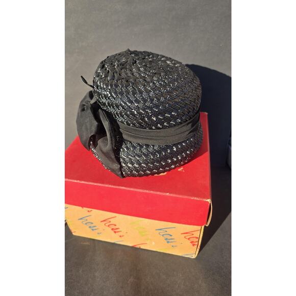 Vintage Hess Brothers Hat Cloche Fitted Womens Medium Black Straw Bow Box 60s - Picture 4 of 9